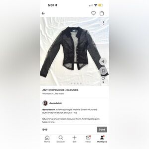 SOLD - Anthropologie Maeve Sheer Ruched Buttondown Black Blouse - US XS